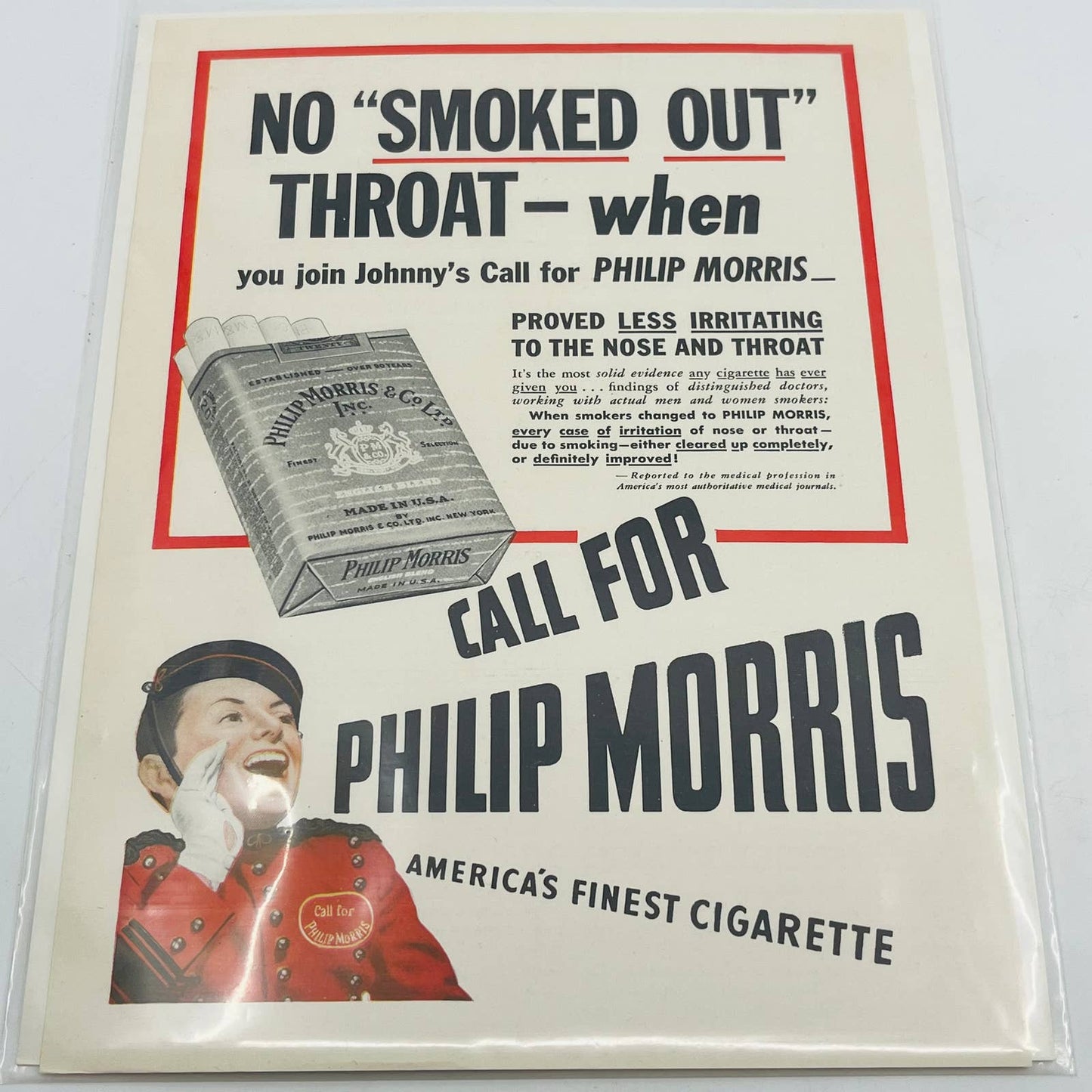 Vintage 1940s Phillip Morris Cigarette Ad Bellboy Smoked Out Throat 8x11 C9