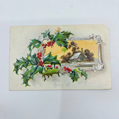 1910s Christmas Post Card Raphael Tuck Cottage Sunset Holly PA4