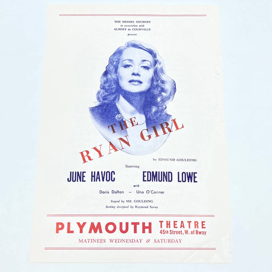 1940s The Ryan Girl Play Flyer Leaflet Plymouth Theatre NY Messrs. Shubert AB7