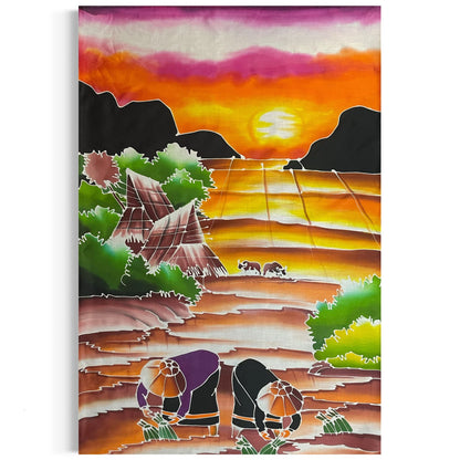 Original LARGE Samui Batik Rice Paddy Farmers Fabric Art Panel Thailand 46x31