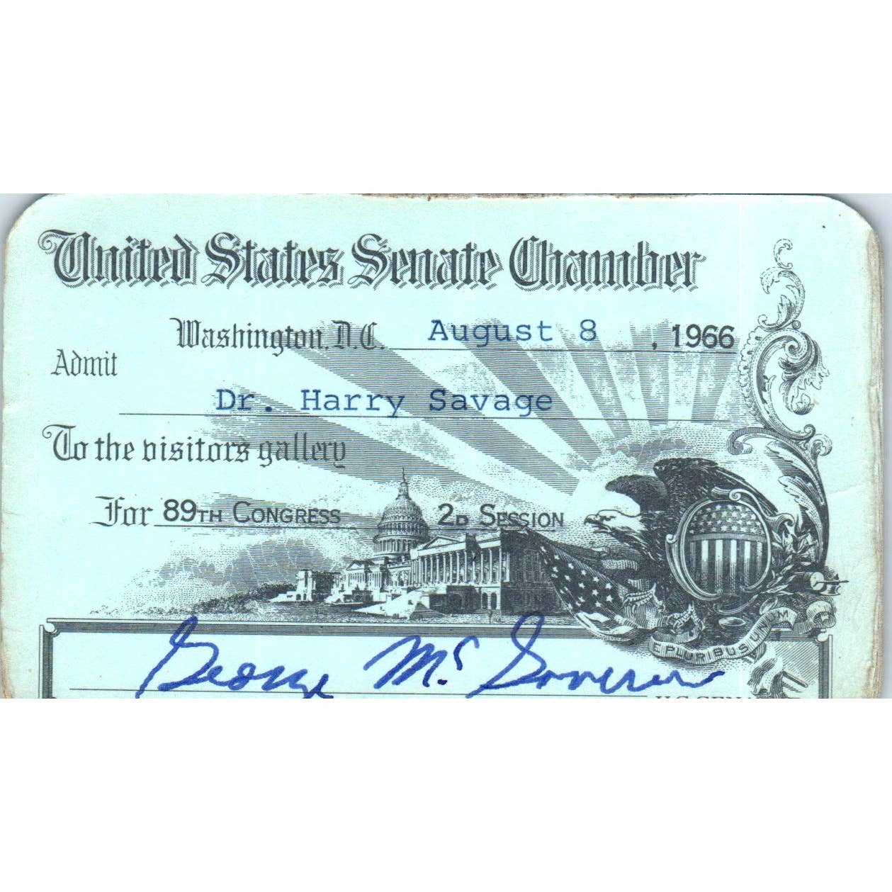United States Senate Visitor Pass 1966 Signed George McGovern TK1-P6