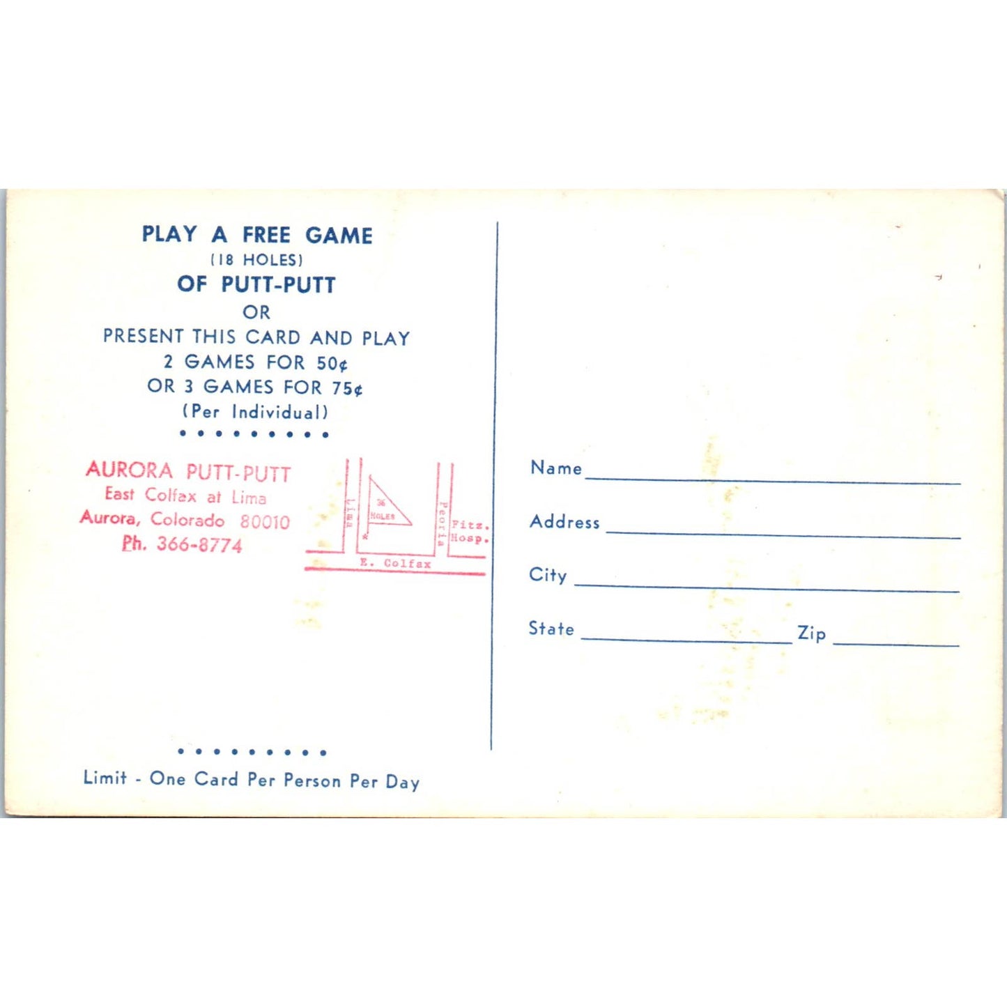 Putt-Putt Golf Courses Aurora Colorado Original Postcard TK1-23