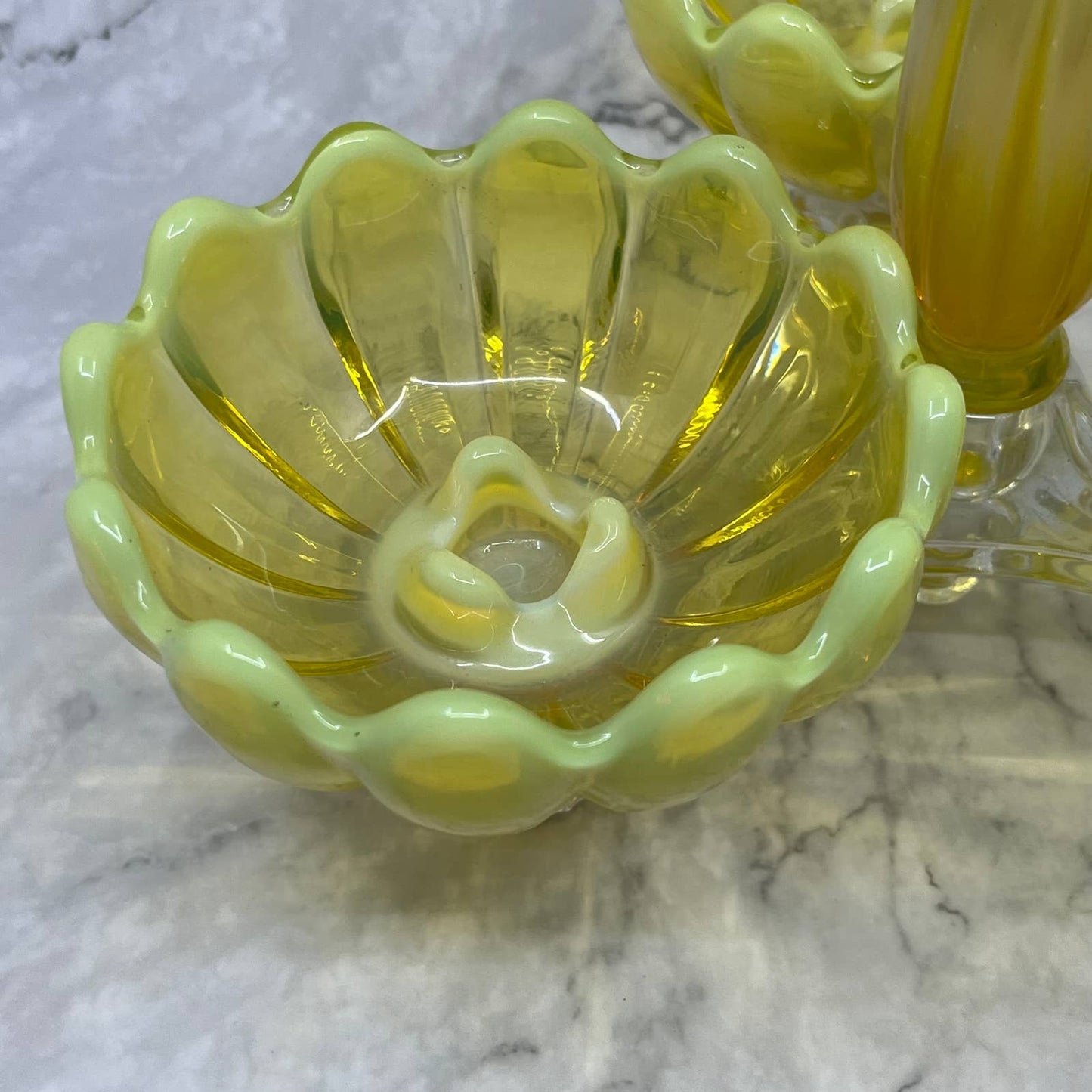 Fostoria Heirloom Opalescent Yellow Vaseline Glass Table Charm Set Glows TA9