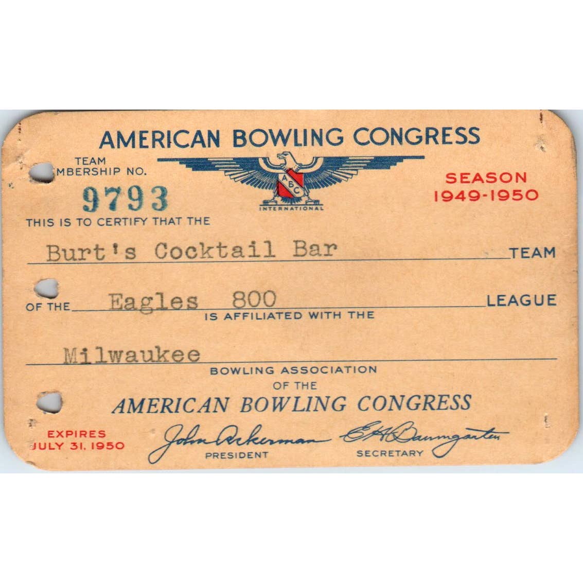 1949 American Bowling Congress Milwaukee Membership Card Eagles 800 SE5-20