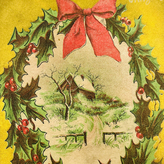 1910s Christmas Post Card Cottage Farmhouse Wreath Holly Snowy Gold Gilt PA4