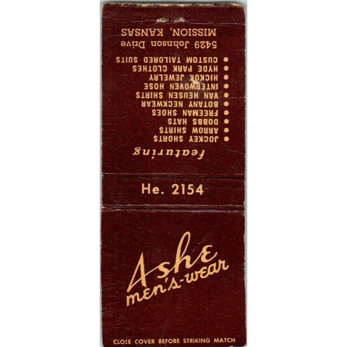 Ashe Men's-Wear Mission Kansas Advertising Matchbook Cover SA9-M4