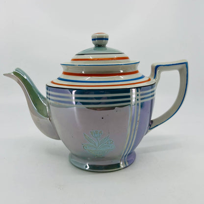 Vintage RARE Japanese Iridescent Opal Lustre Ware Blue Stripe Teapot 6x9 TC2