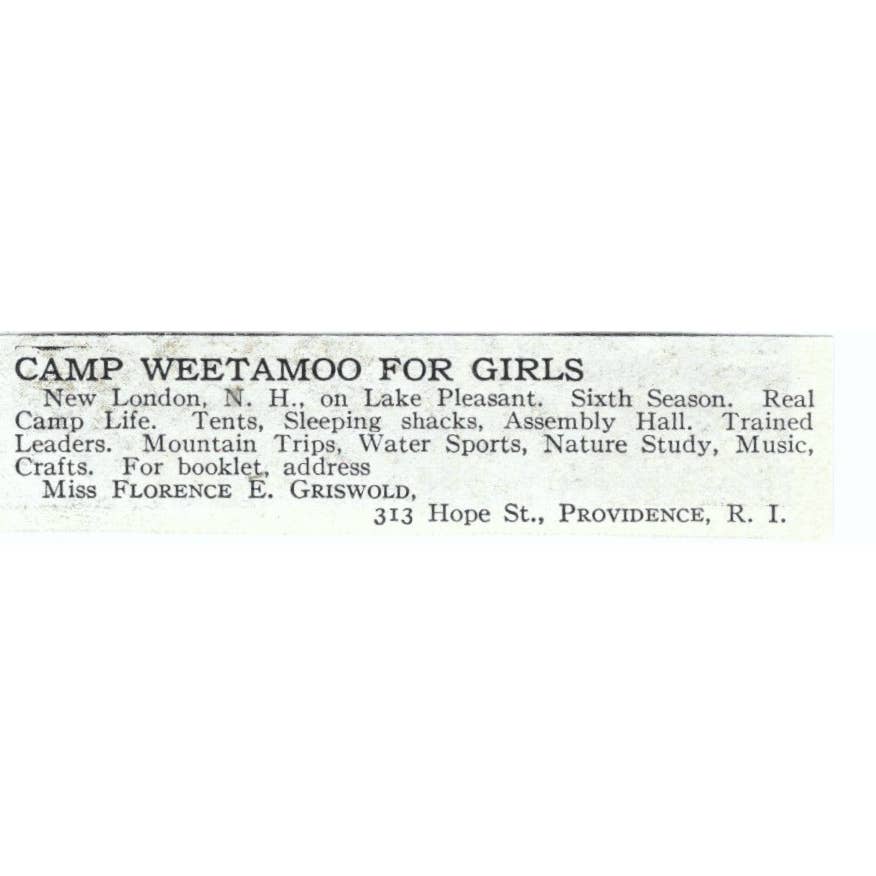 Camp Weetamoo for Girls New London NH Florence E. Griswold - 1921 Ad TJ7-S6