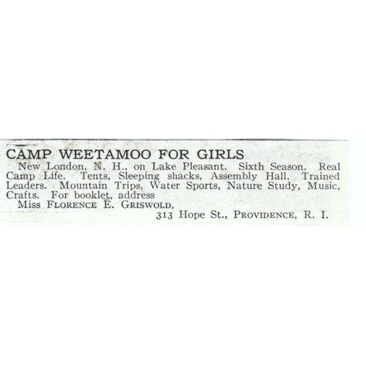 Camp Weetamoo for Girls New London NH Florence E. Griswold - 1921 Ad TJ7-S6