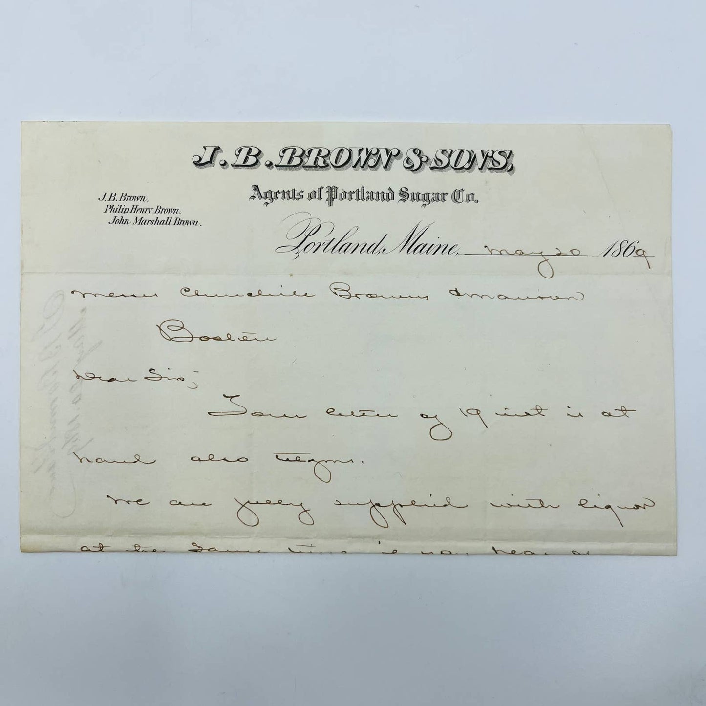 1869 J.B. Brown & Sons Portland Sugar Co Portland ME Letterhead Billhead AA5