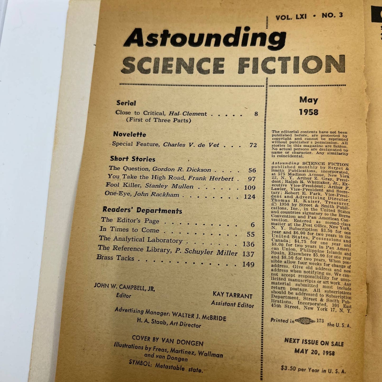 Astounding Science Fiction Hal Clement Frank Herbert Gordon Dickson May 1958 TC1