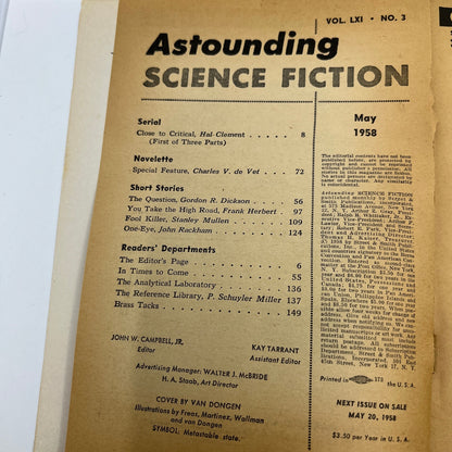 Astounding Science Fiction Hal Clement Frank Herbert Gordon Dickson May 1958 TH9