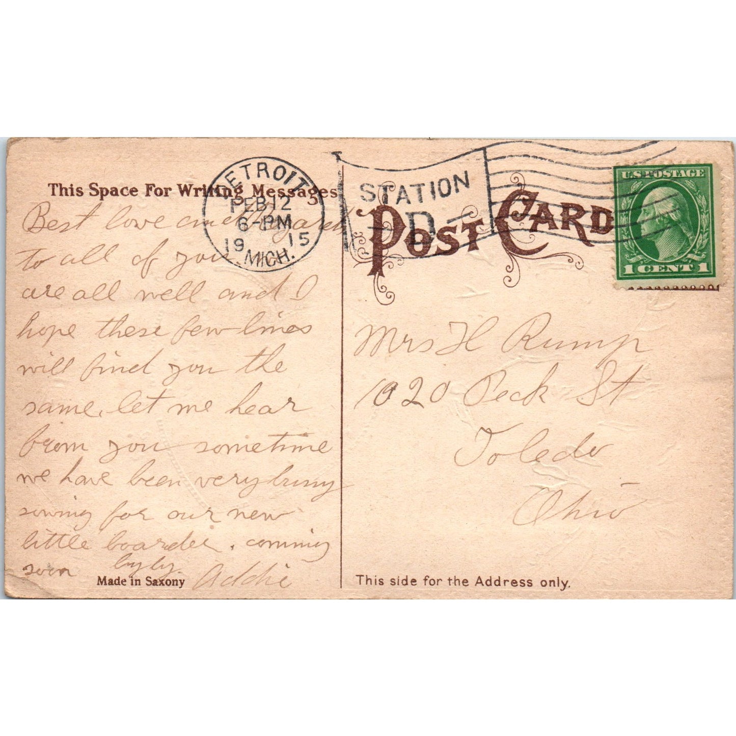 1915 Valentine Cupid Roses Heart Original Postcard P1-13