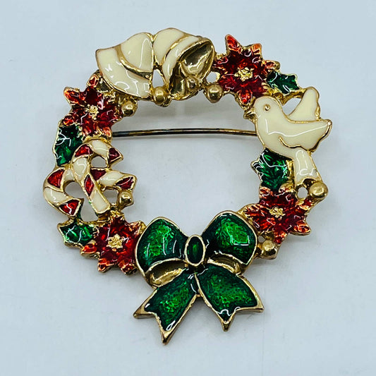 Vintage Candy Enamel Christmas Wreath Bow Pin Brooch Gold Tone SB5
