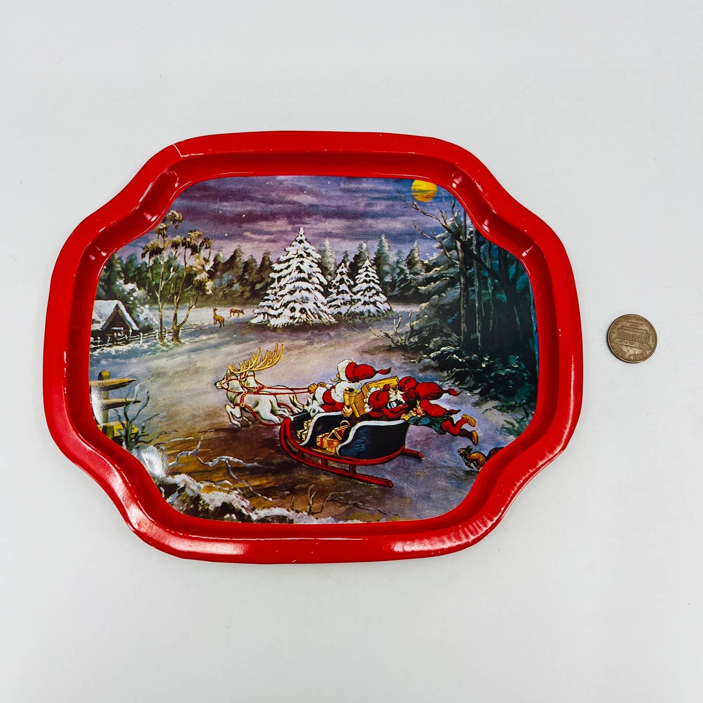 MCM Toleware Christmas Santa Sleigh Reindeer Metal Small Tray 6.5 x 7.5” TB6