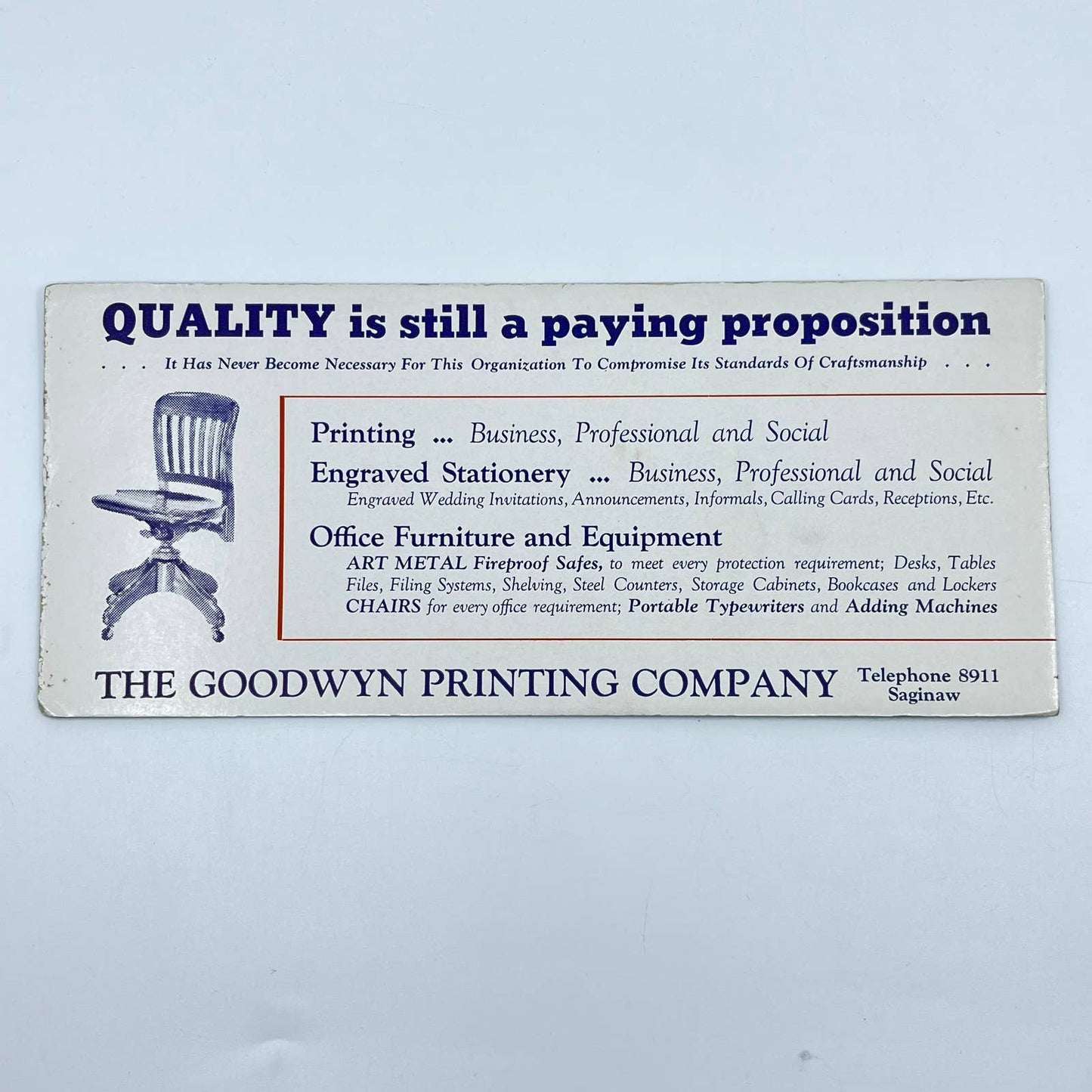 1930s Blotter Card Office Chair The Goodwyn Printing Company Saginaw MI SC9