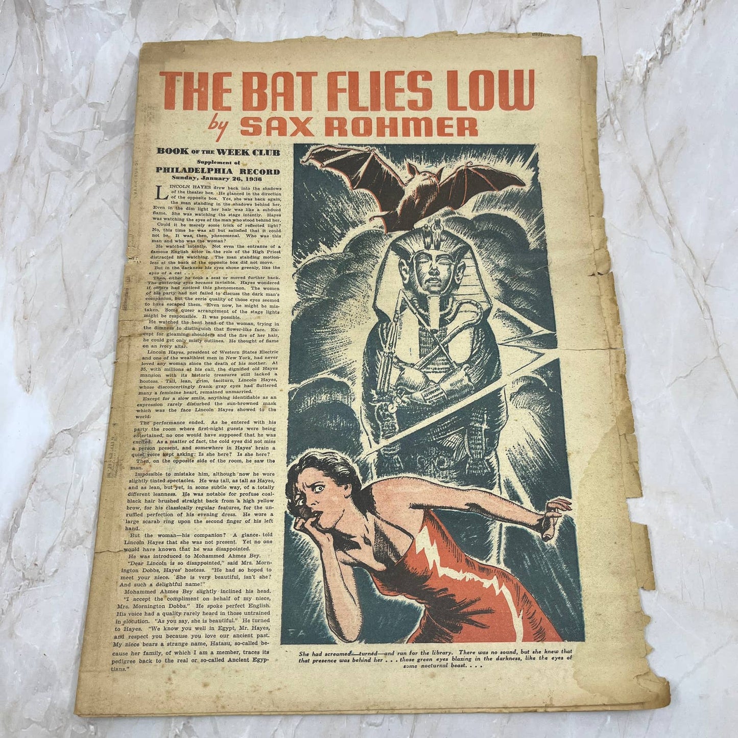 1936 The Bat Flies Low Sax Rohmer Philadelphia Inquirer Supplement 11x15” FL3