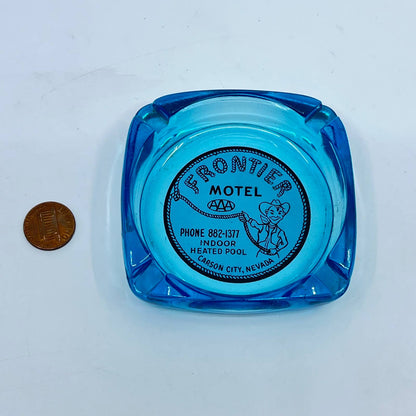 Vintage Cobalt Blue Advertising Ashtray Frontier Motel Carson City NV Cowboy TF4