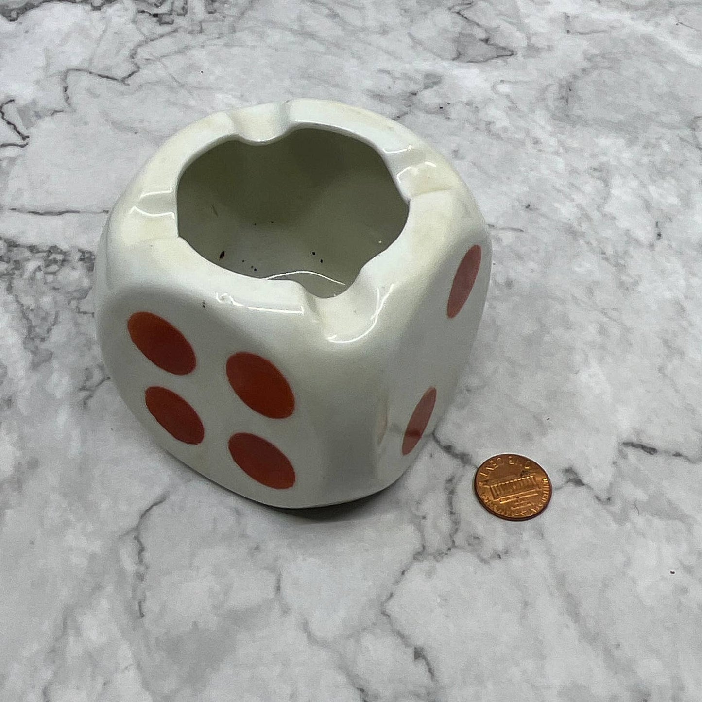 Vintage Ceramic White and Orange Dice Ashtray 3" Japan TI7