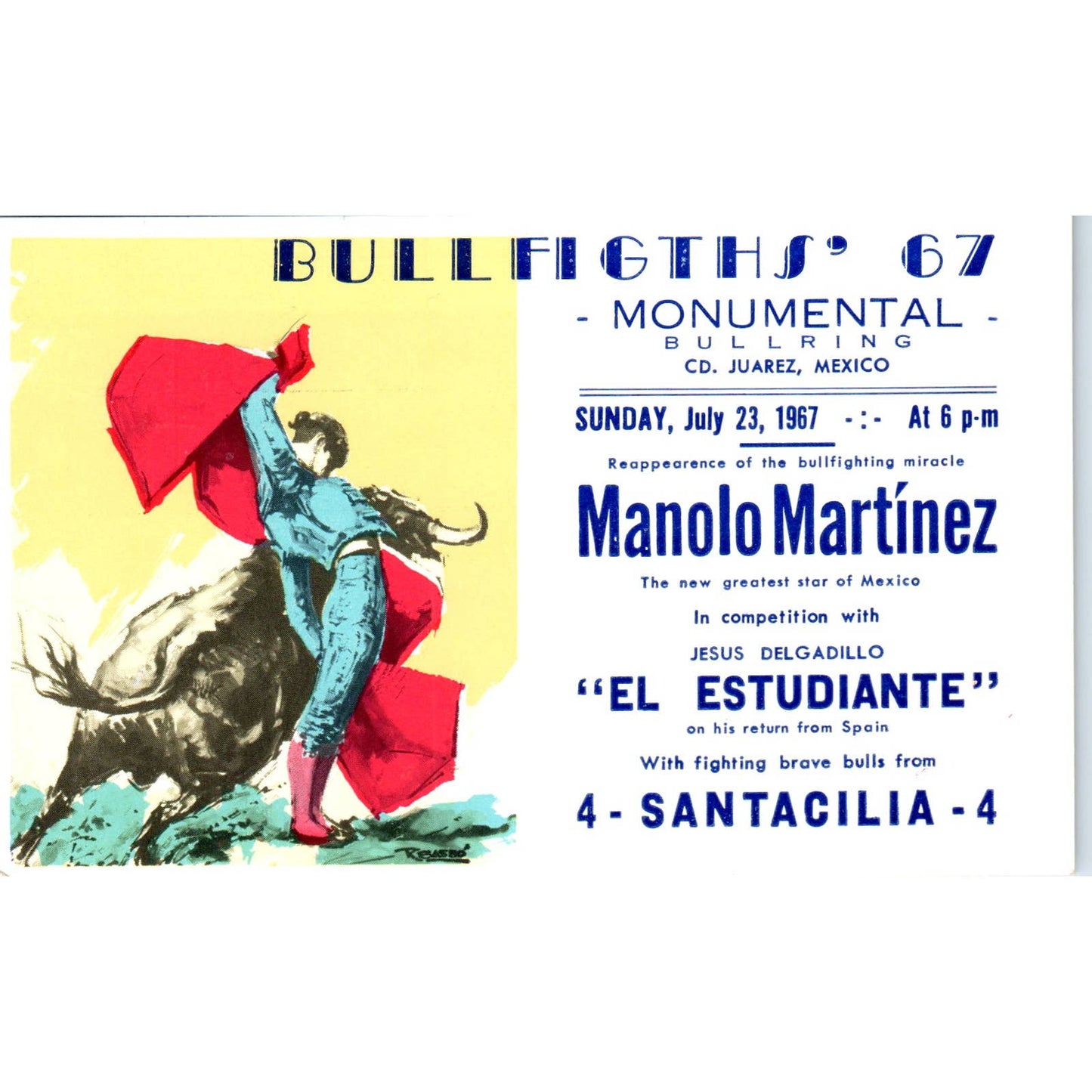 Bullfights '67 Manolo Martinez Monumental Bldg Juarez Mexico Postcard TJ9-P2