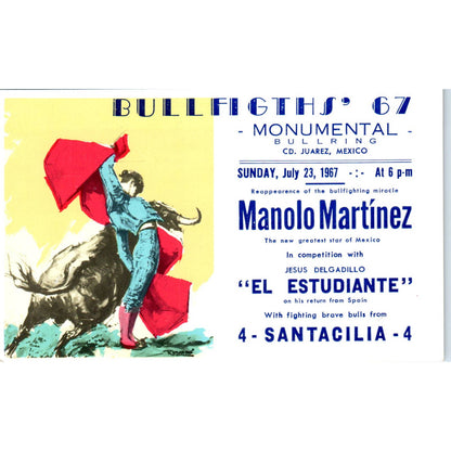 Bullfights '67 Manolo Martinez Monumental Bldg Juarez Mexico Postcard TJ9-P2