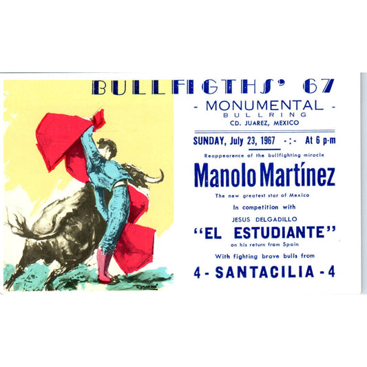 Bullfights '67 Manolo Martinez Monumental Bldg Juarez Mexico Postcard TJ9-P2