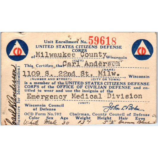 1940s Civil Defense Card Emergency Medical Division Milwaukee WI SE5-2