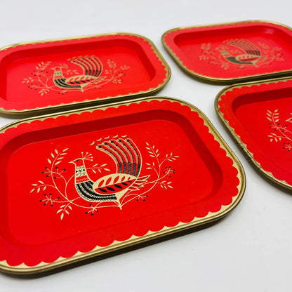 MCM Vintage Red Pink Peacock Metal Bird Cocktail Tray 7x5” Set of 4 TA9