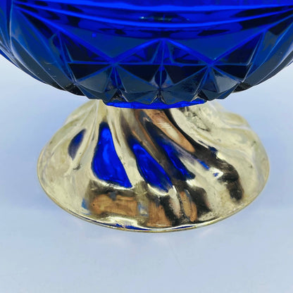Vintage Cobalt Blue Cut Glass Silver Tone Footed Compote Dish 3.5 x 4.5” TD7