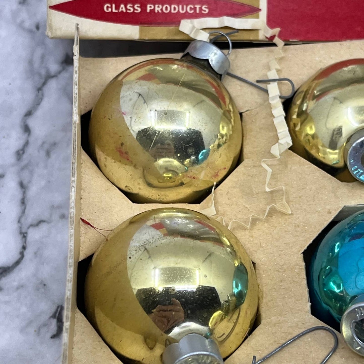Coby 12 Vintage 1 3/4" Mercury Glass Ornaments Original Box Blue Gold OT1