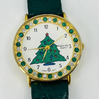 Vintage Christmas Tree Rhinestone Watch Infinity Quartz Japan Movt SB7