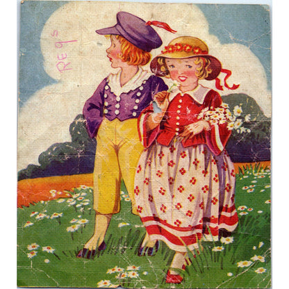 Antique Print Double Sided Nursery Rhyme Sulky Sue and Tommy Snooks 5.5x6 TJ1-2