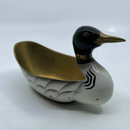 Vtg MCM Hand Painted Solid Brass Mallard Duck Brass Trinket Candy Dish 7" TH8-1