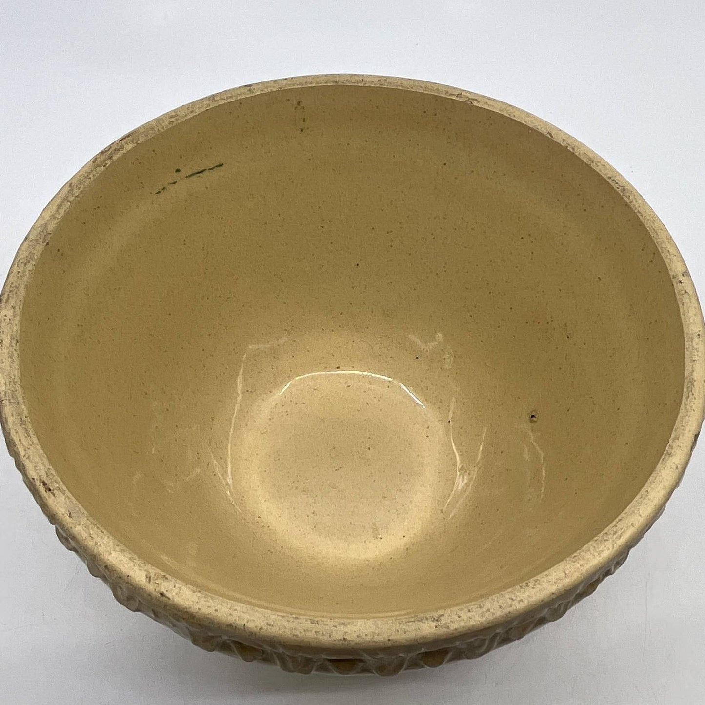 Vintage McCoy Yellow Ware Blue Pink Striped Mixing Bowl 6” Pie Crust Rim TH5