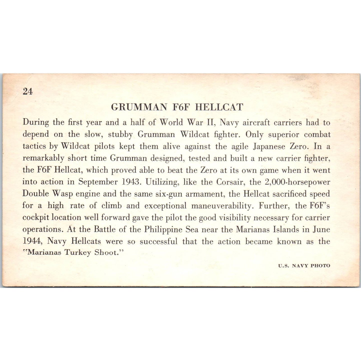 Vintage U.S. Navy Photo Card - Grumman F6F Hellcat Warplane EA3