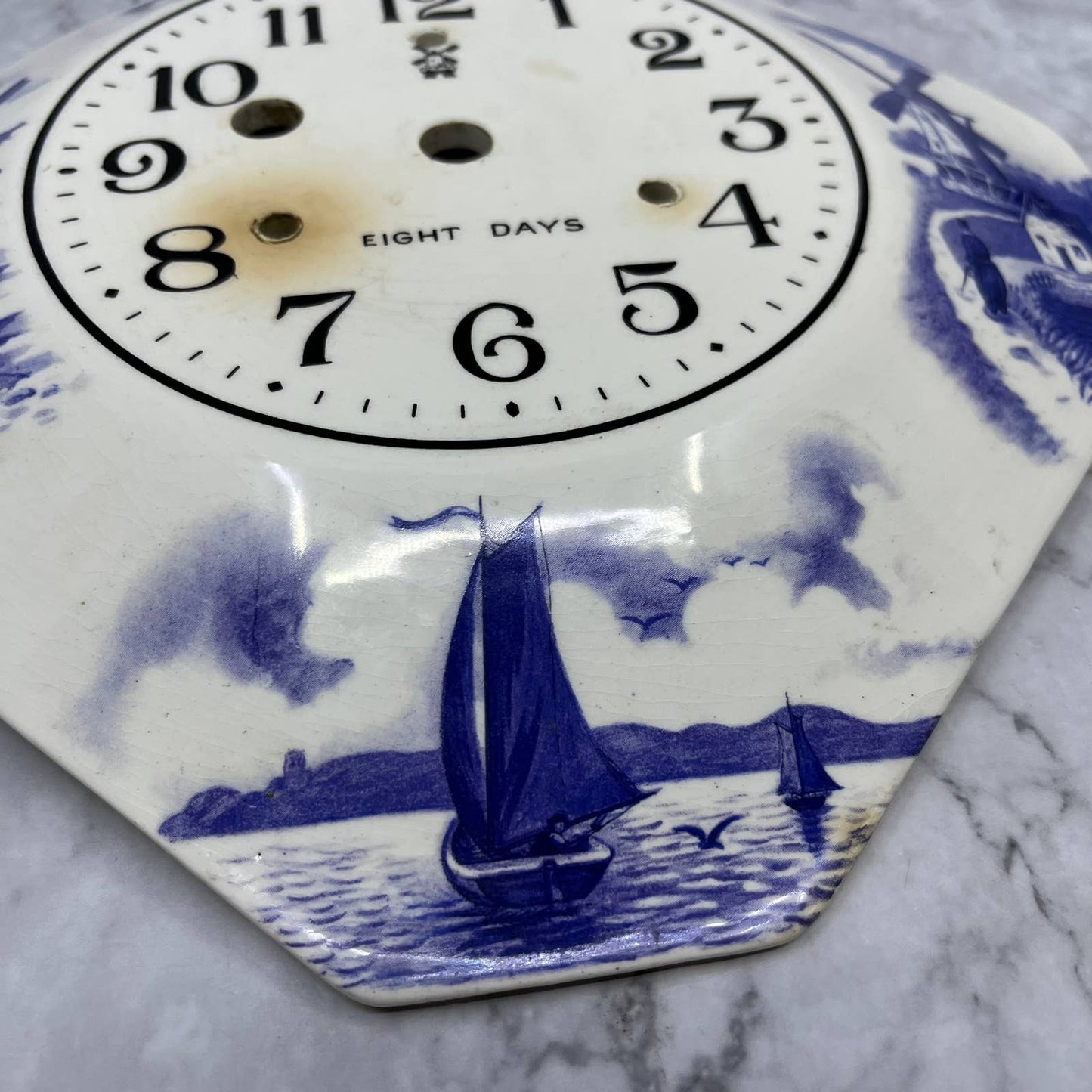 1930s Irving Miller Eight Day Porcelain Wall Clock Face Blue Delft TI9