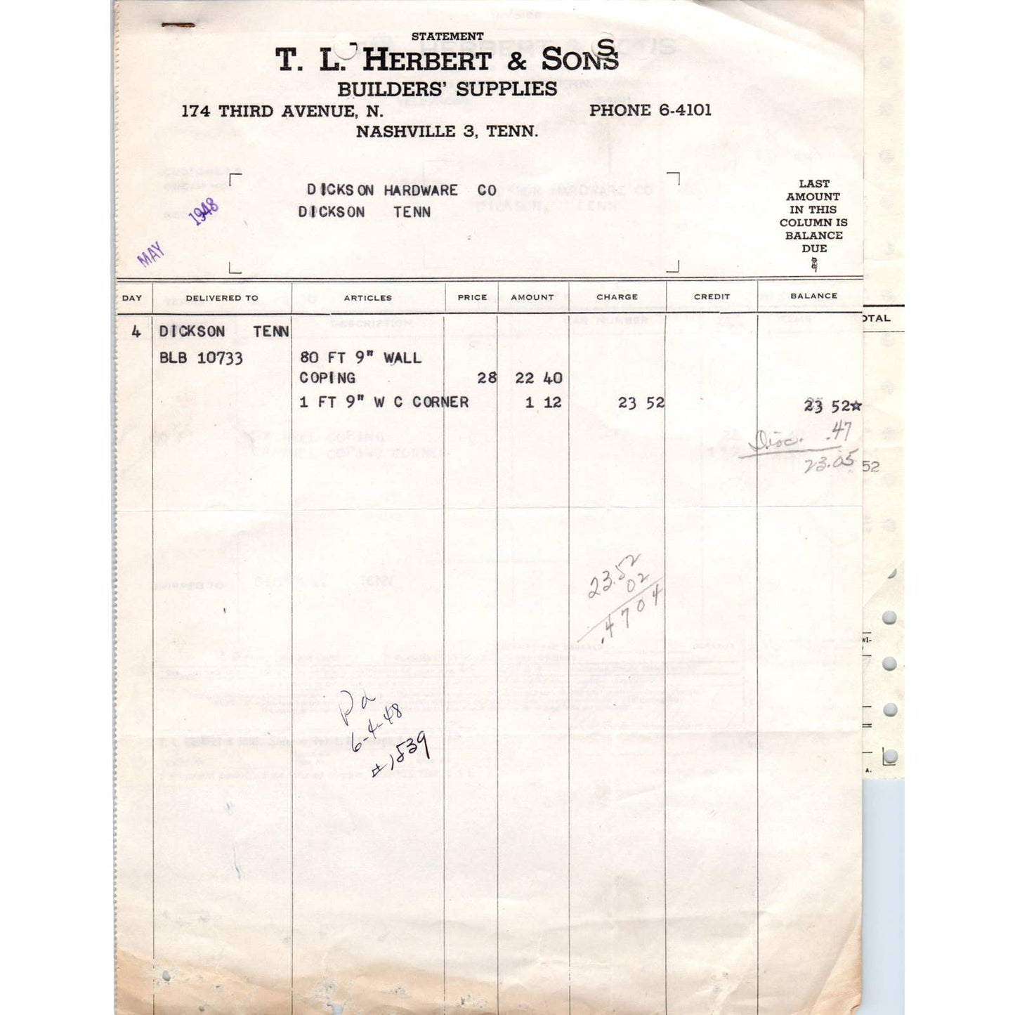 1948 T.L. Herbert & Sons Builders' Supplies Billhead Set Nashville TN AD5