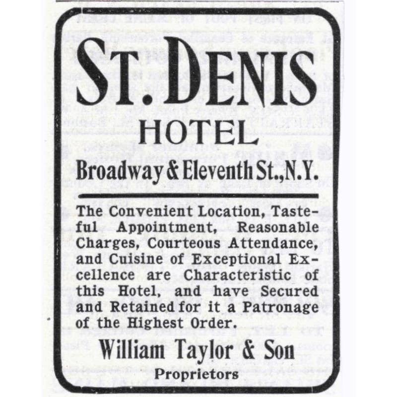 St. Denis Hotel Broadway & 11th St. NY William Taylor - 1903 Original Ad TJ7-S9