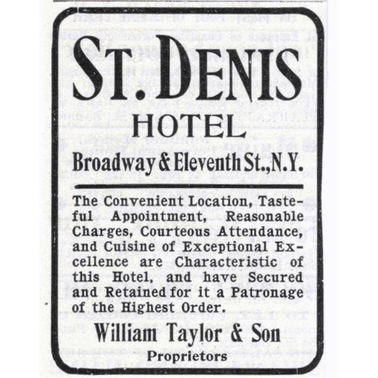 St. Denis Hotel Broadway & 11th St. NY William Taylor - 1903 Original Ad TJ7-S9