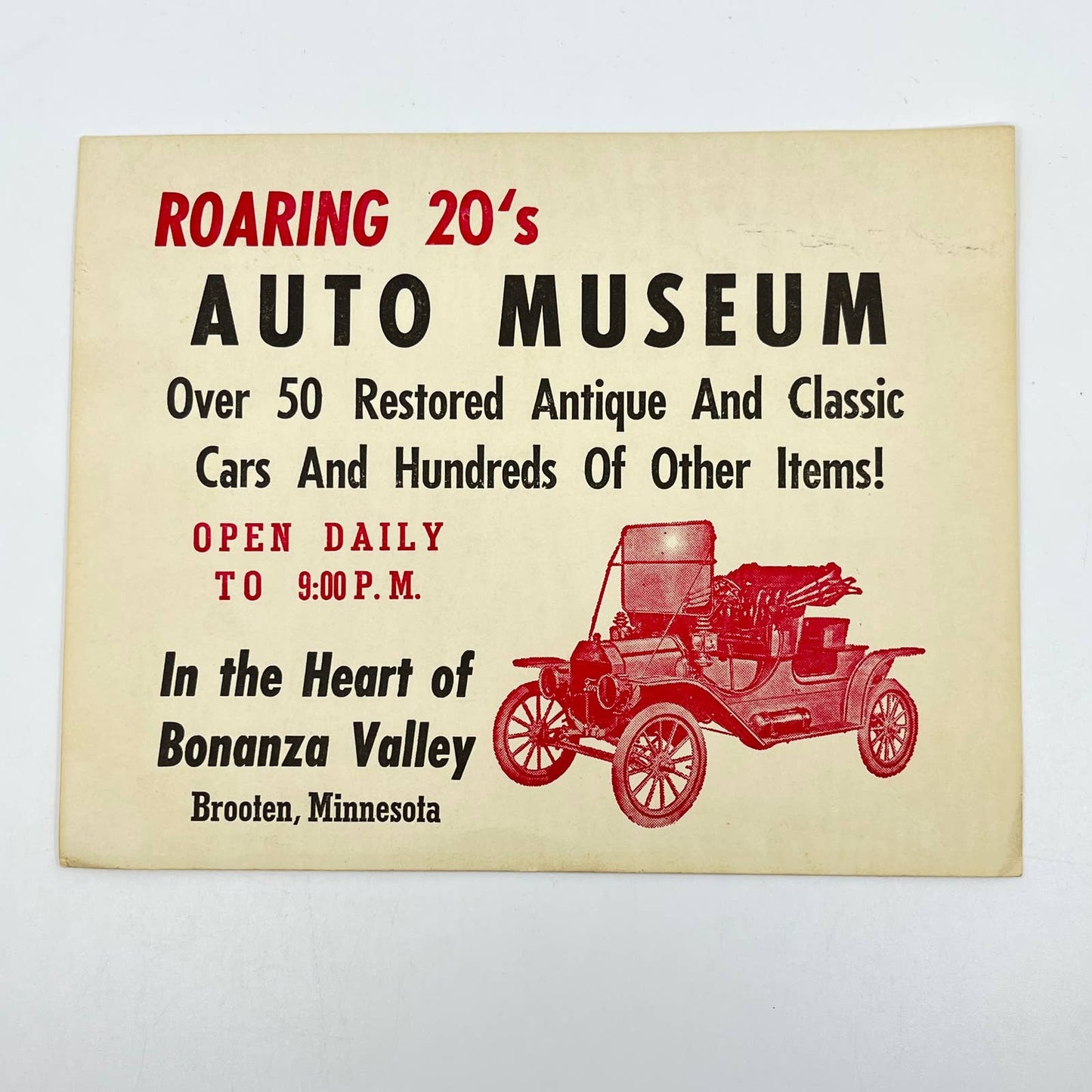 Vintage Advertisement Roaring 20’s Auto Museum Bonanza Valley Brooten MN AA7