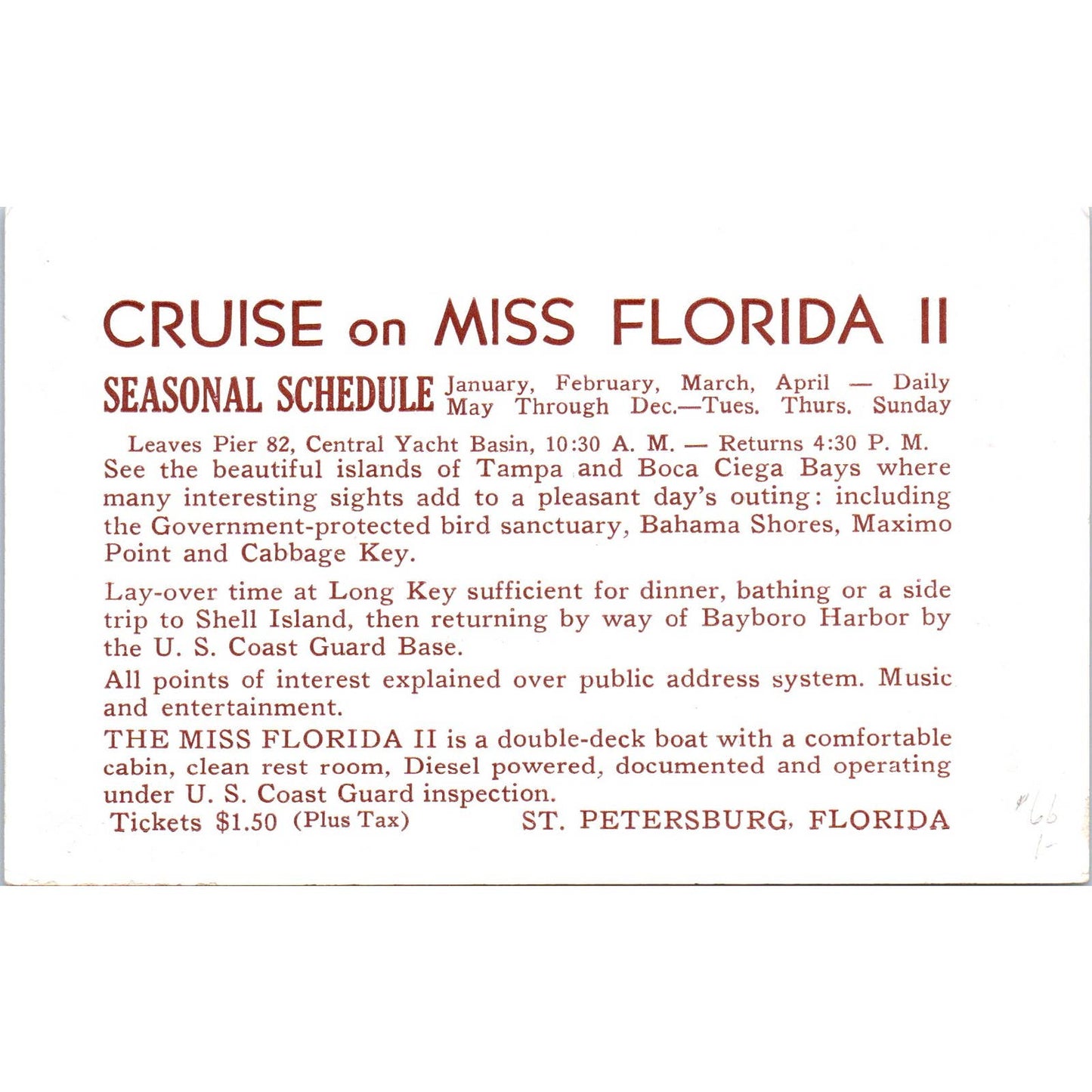 Cruise on Miss Florida II St Petersburg Florida Original Advertising Card TK1-20