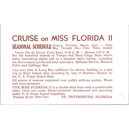 Cruise on Miss Florida II St Petersburg Florida Original Advertising Card P1-15
