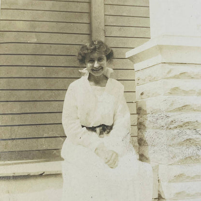 Early 1900s RPPC Portrait Young Lady On Porch White Dress Short Hair PA9