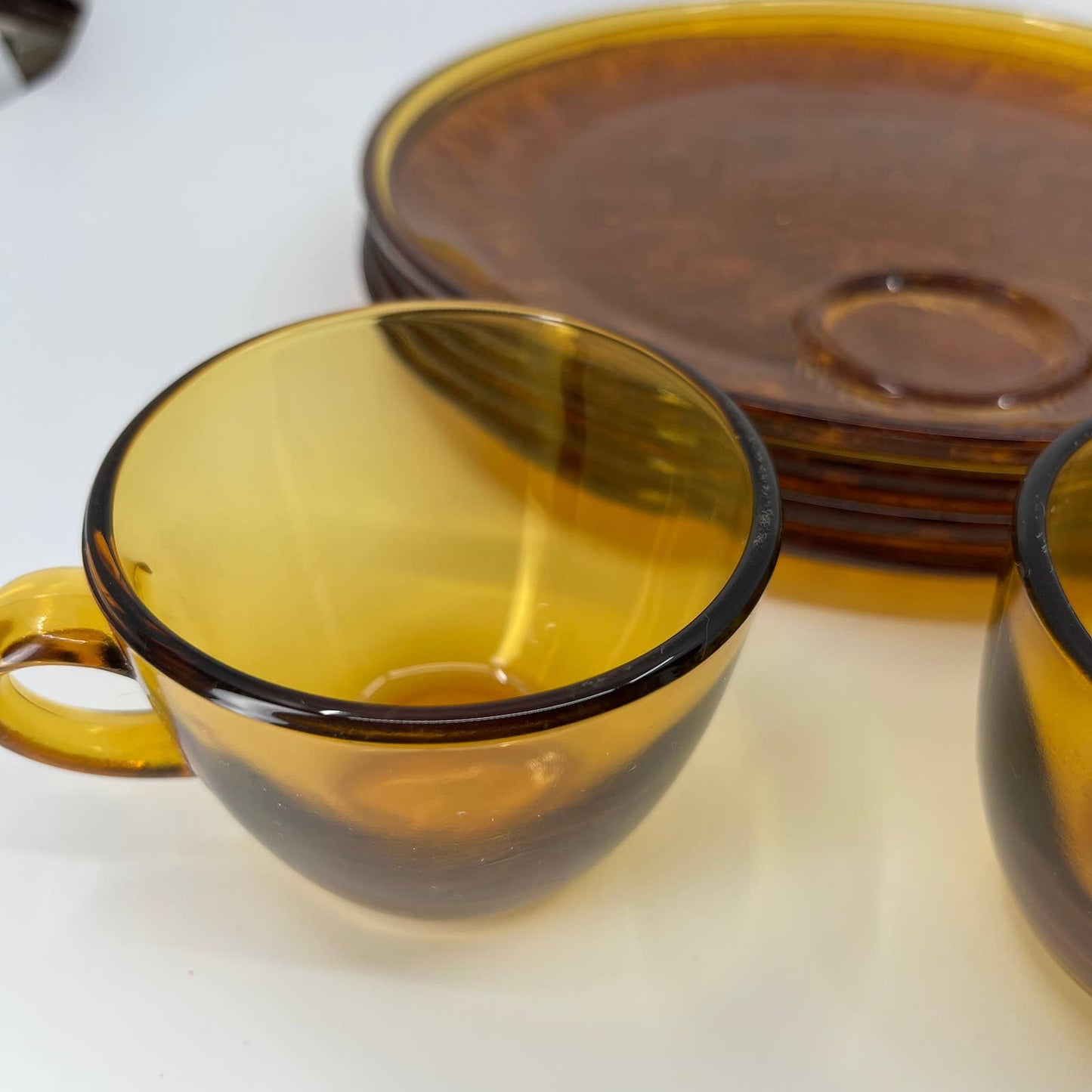 VTG Indiana Glass Golden Honey Amber Sunburst Snack Set 8 Piece Plates Cups TB5