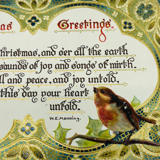 1910s Christmas Post Card Raphael Tuck Robin Poem W.E. Manning Holly PA4