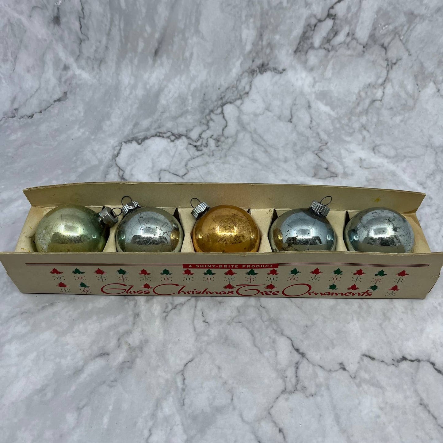 Shiny Brite Vintage Mercury Glass Ornaments Set of 5 in Box Silver Gold 2"