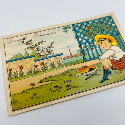 1880s Victorian Trade Card Bluxome NY “Going to Bluxome’s” Laces Fans AH9-M9