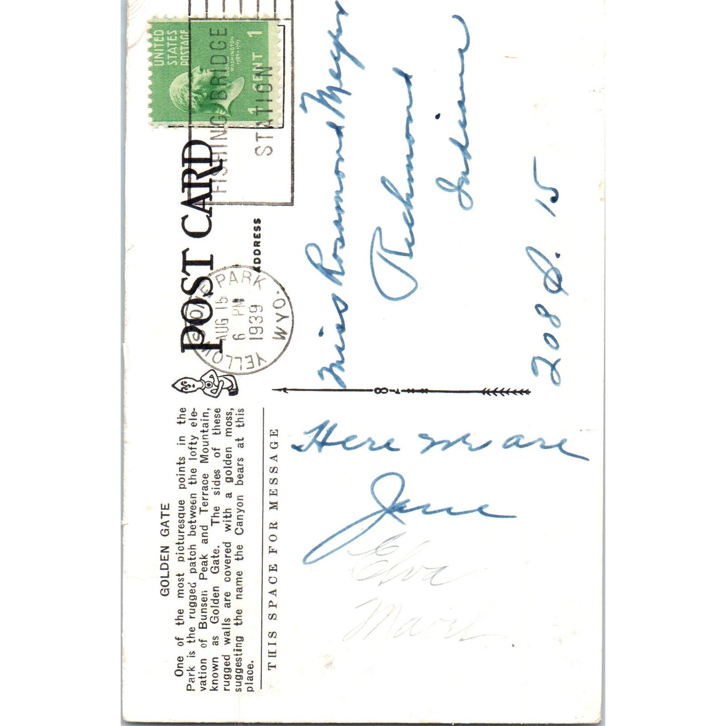 1939 Golden Gate, Yellowstone Park Original Postcard P2-5