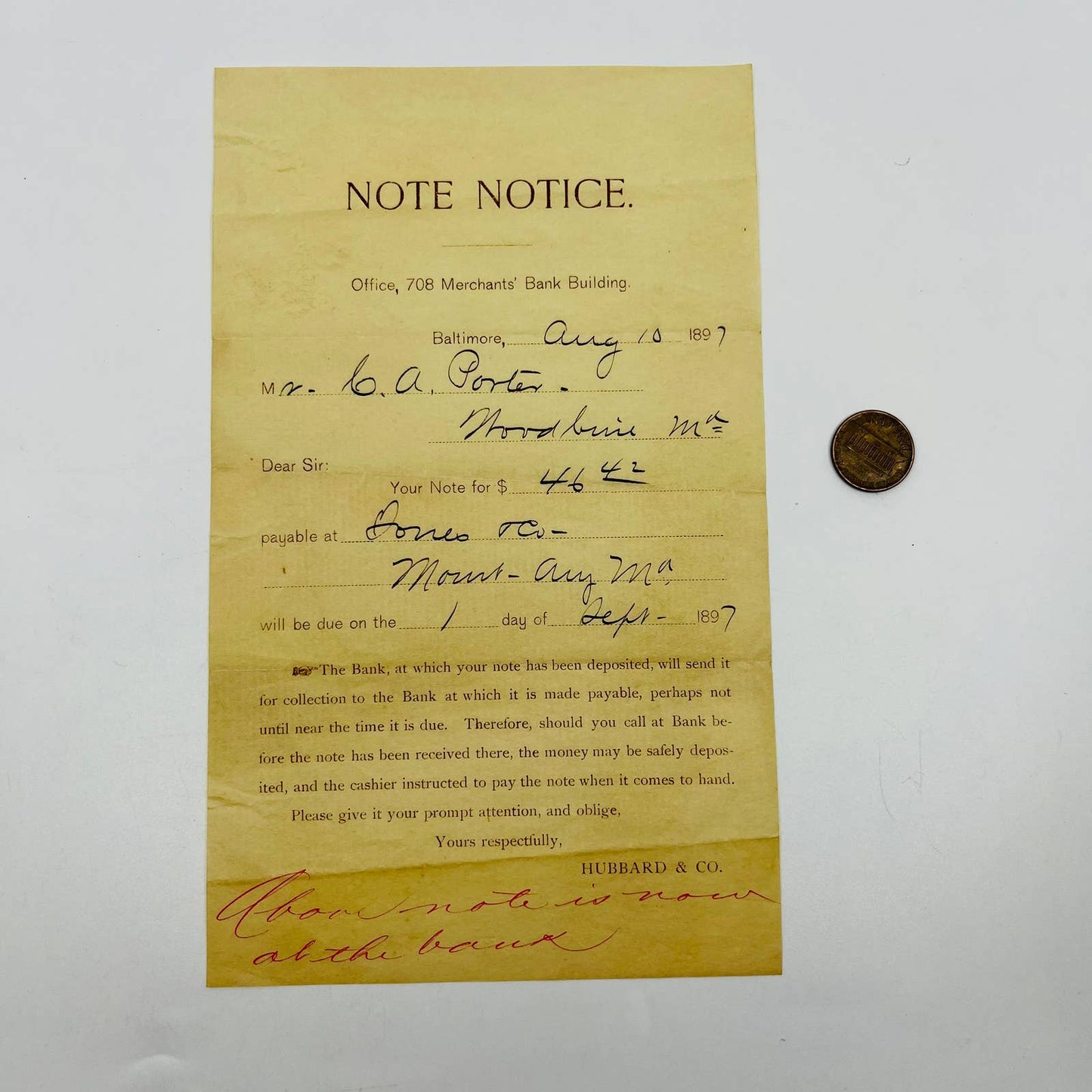 1897 Bank Notice Baltimore MD Hubbard & Co D1