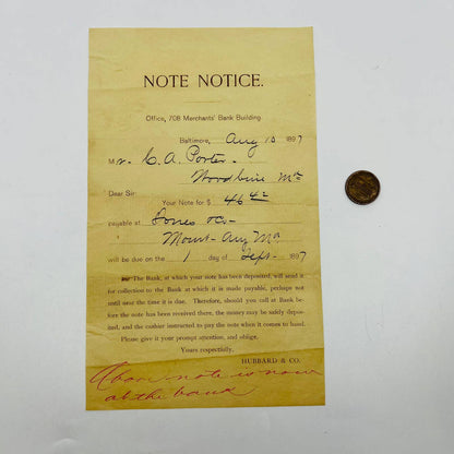 1897 Bank Notice Baltimore MD Hubbard & Co D1